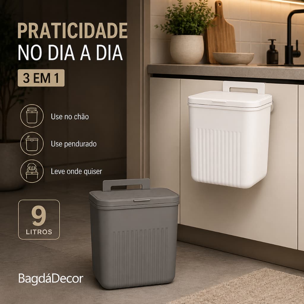 Lixeira Suspensa 9L 3 em 1 + Opção 15L de Chão com Tampa Click para Cozinha, Banheiro e Escritório✅
