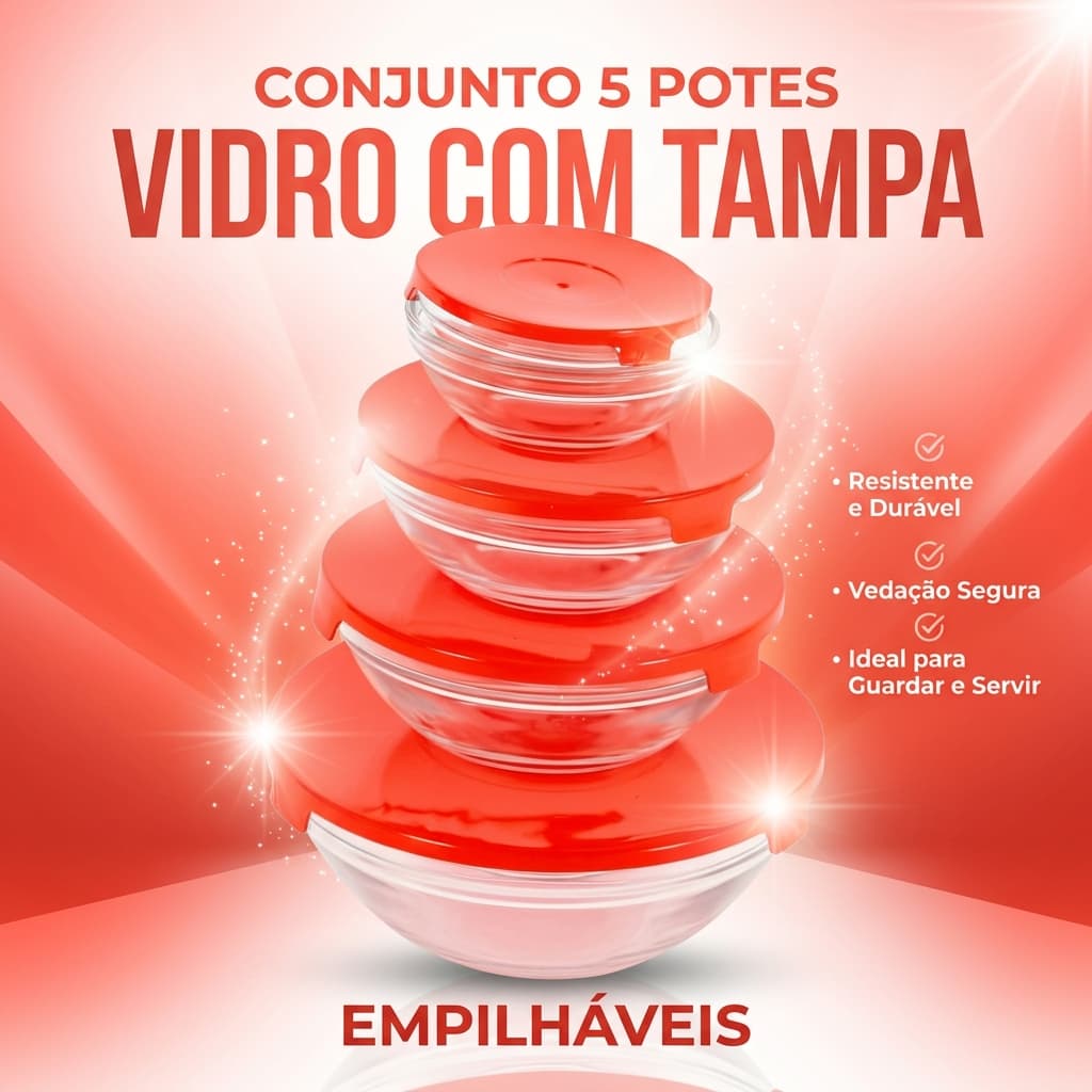 🥫 Kit 5 Potes de Vidro com Tampa Hermética | Organizador de Cozinha