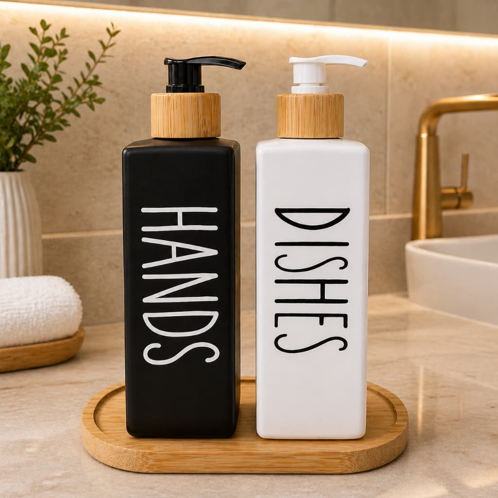 Kit Dispenser 570ml Sabonete Detergente Banheiro Vidro Preto e Branco com Bambu 2 Dispensers