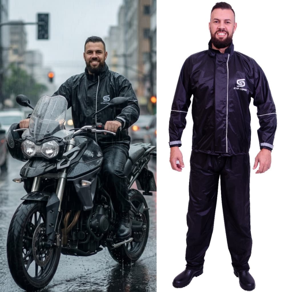 Capa Roupa Kit Conjunto De Chuva Motoqueiro Moto Impermeável Nylon Star Capas Com Gola Bolso
