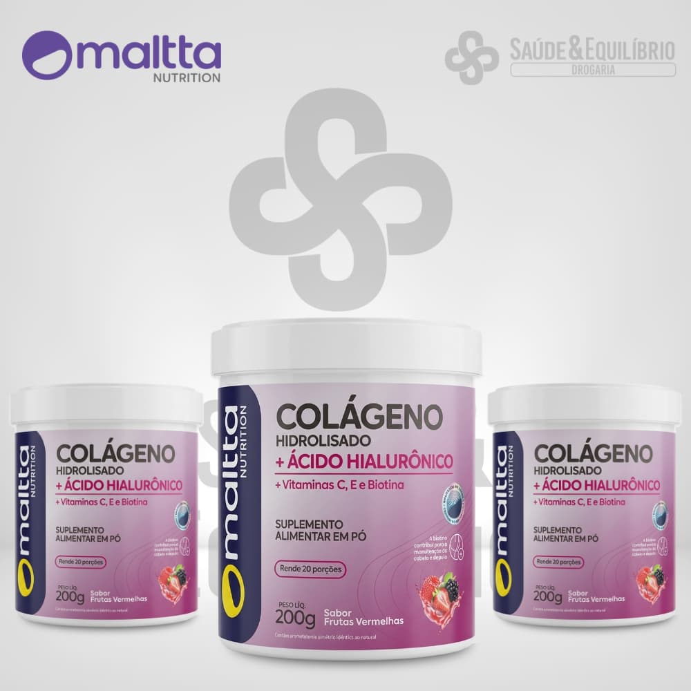 Colágeno Hidrolisado + Ácido Hialurônico 200g Biotina Vitaminas C e E Frutas Vermelhas Maltta Pele