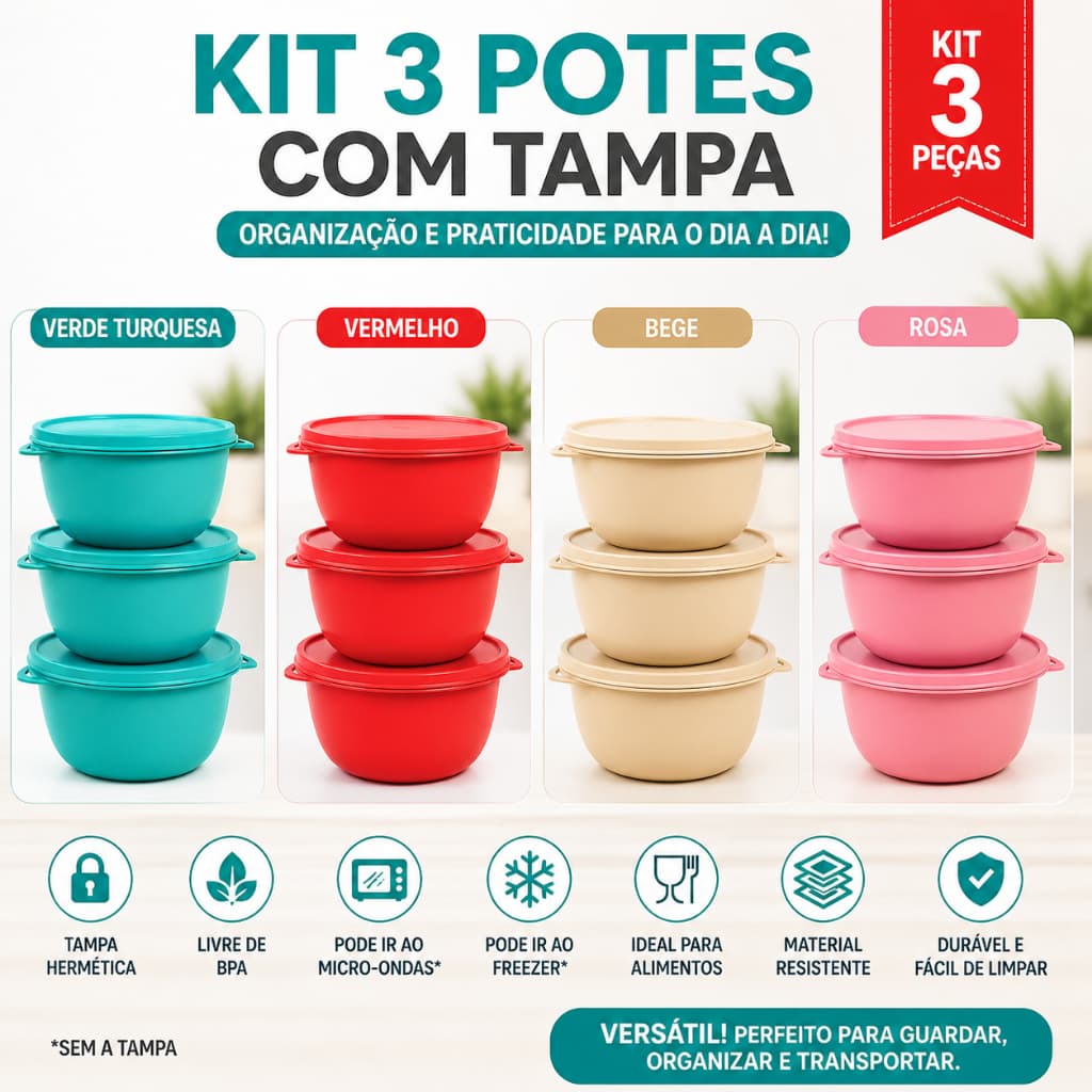Kit 3 Potes Plásticos com Tampa Hermética – Tigela Multiuso Cozinha Organização Alimentos