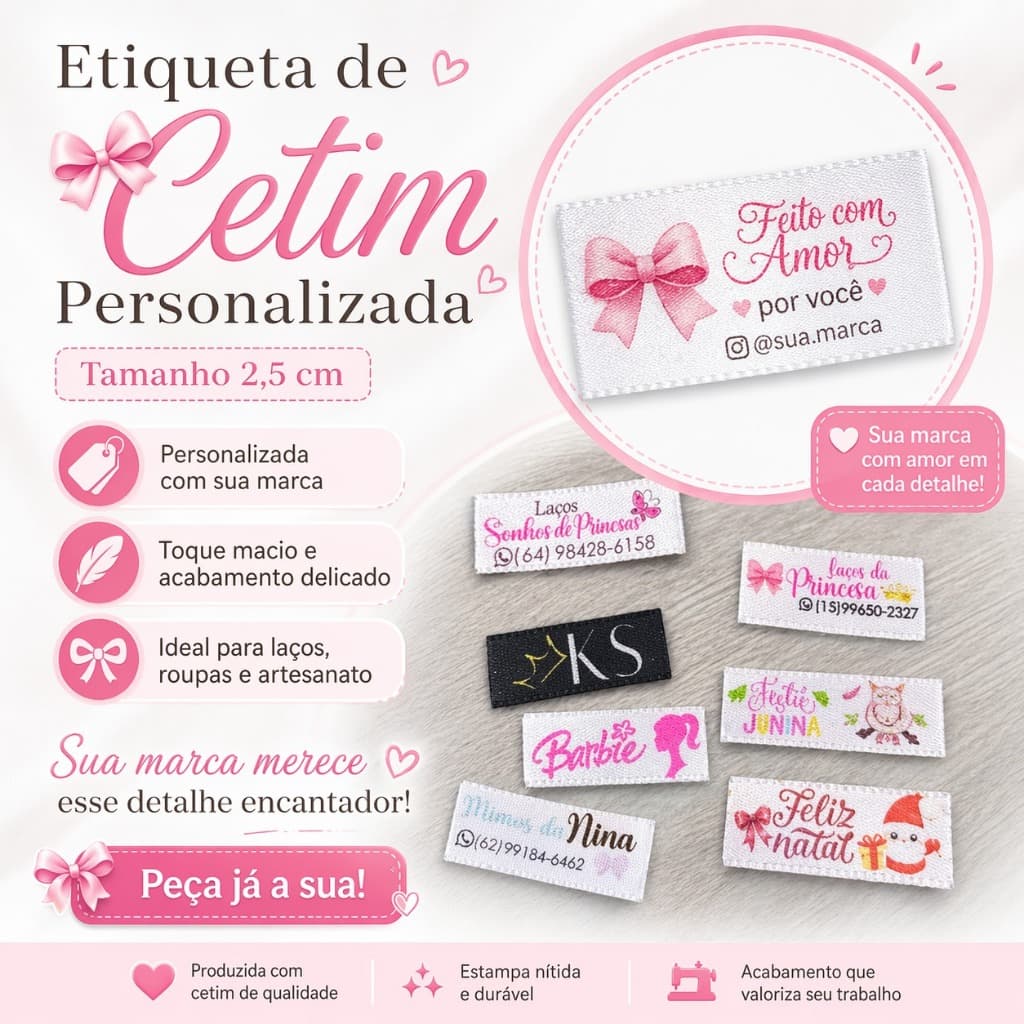 100 Etiquetas de Cetim Personalizadas Para Laços e Tiaras
