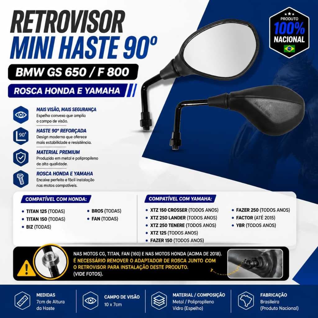 Par Retrovisor Mod.Mini Bmw Gs650 Rebaixado Haste 90°  Honda/Yamaha