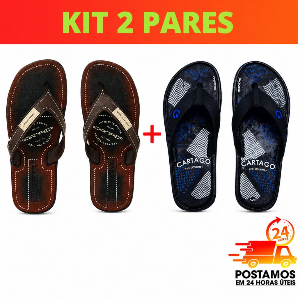 Kit 2 Pares Chinelos Sandalia Tiras Reforçadas Antiderrapante Borracha Leve Macio Ortopédico Power