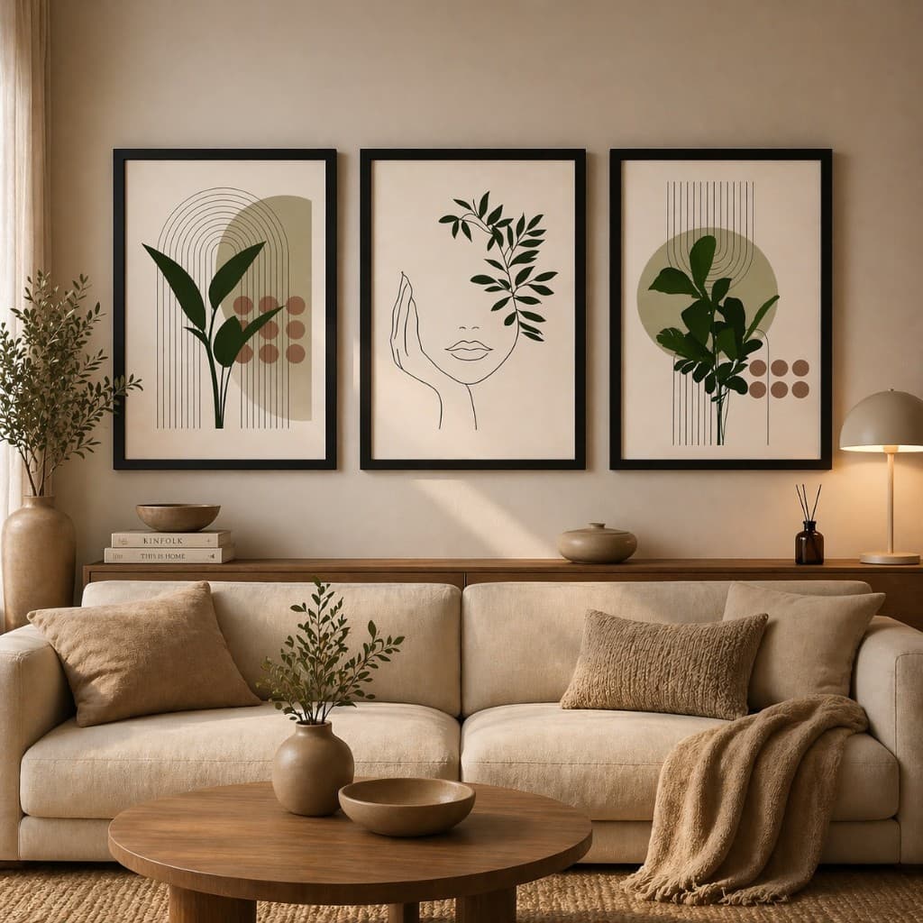 Kit 3 Quadros Decorativos Minimalistas com Moldura Preta Folhagem Line Art Sala Quarto Escritório