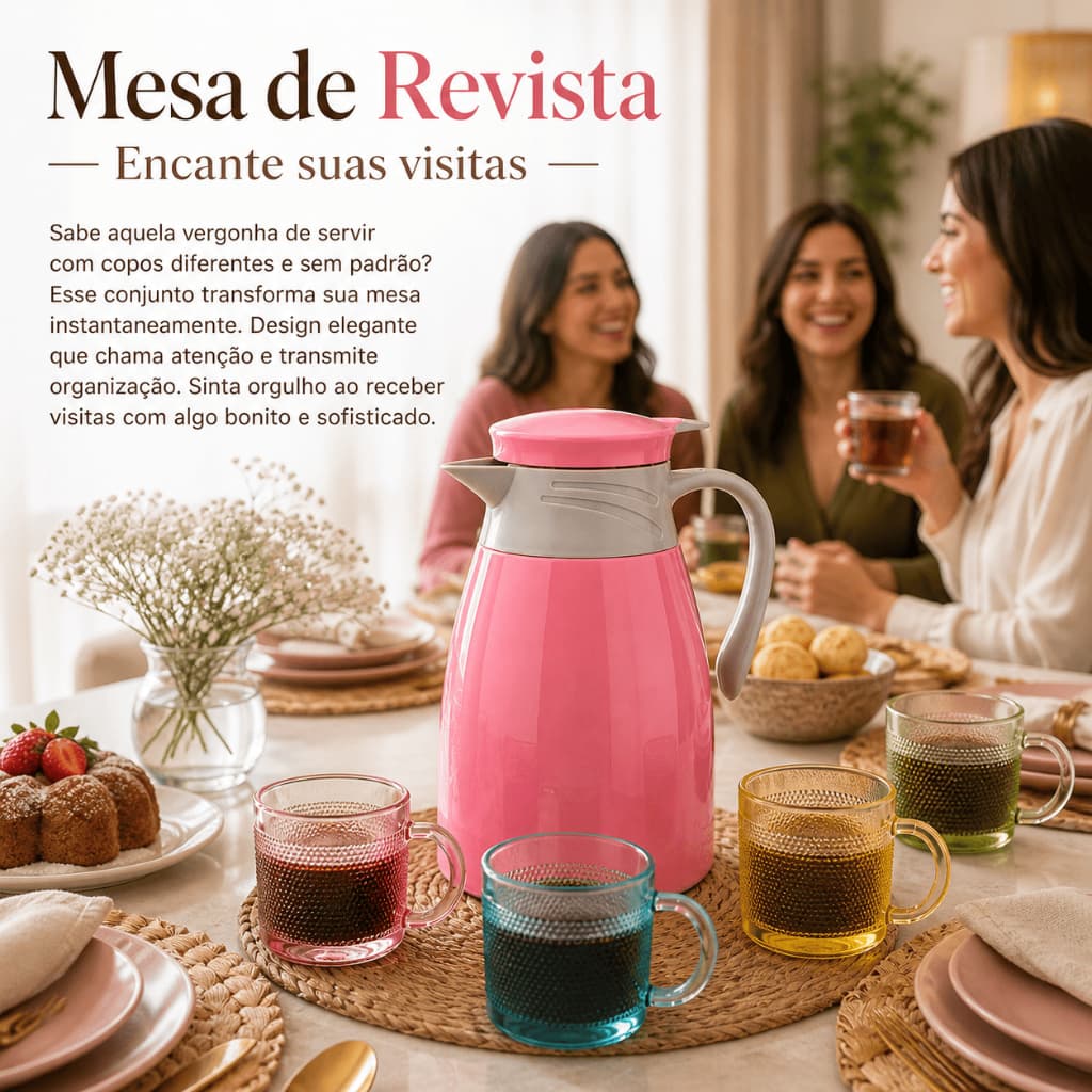 Garrafa Térmica 1L com 4 Copos de Vidro MaisonTherm Élégance Kit Café Chá Mantém Quente Frio Conjunto Elegante Cozinha