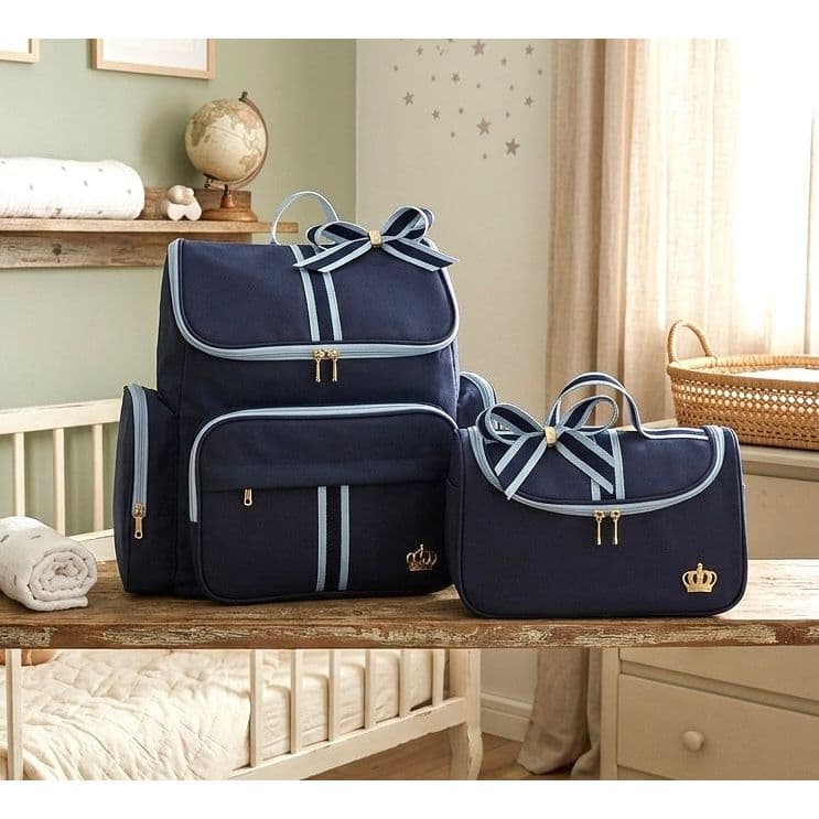 Mochila Maternidade Bebe + Bolsa Lateral M Azul Linho Laço