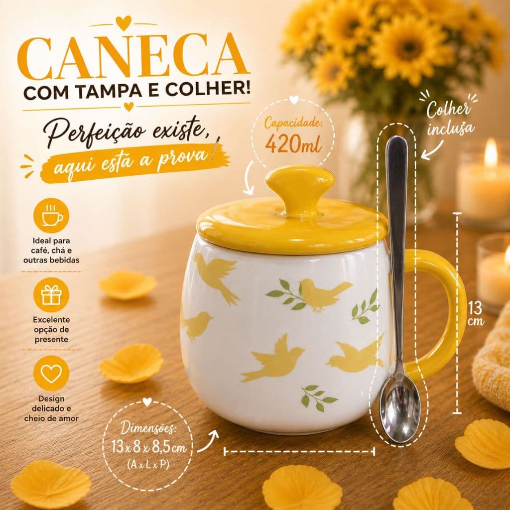 Xícara Caneca Porcelana Cerâmica 420ml Tampa Colher Pássaros Presente Cozinha Fofa Café Chá Amigas