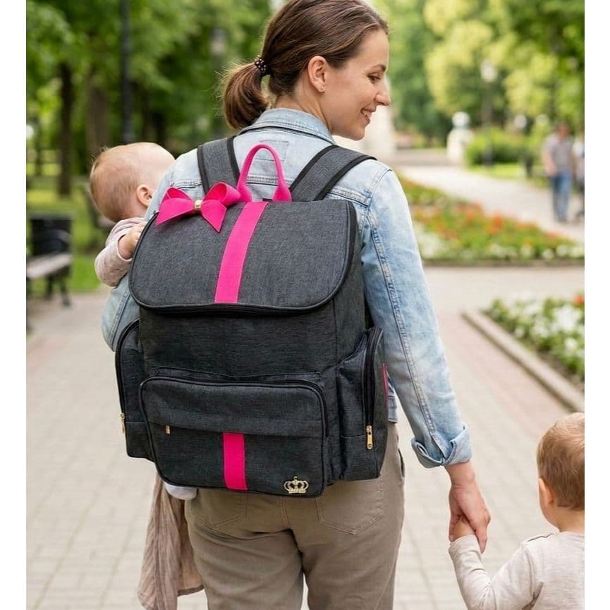 Mochila Bebe Maternidade G Luxo Preta/Pink Laço