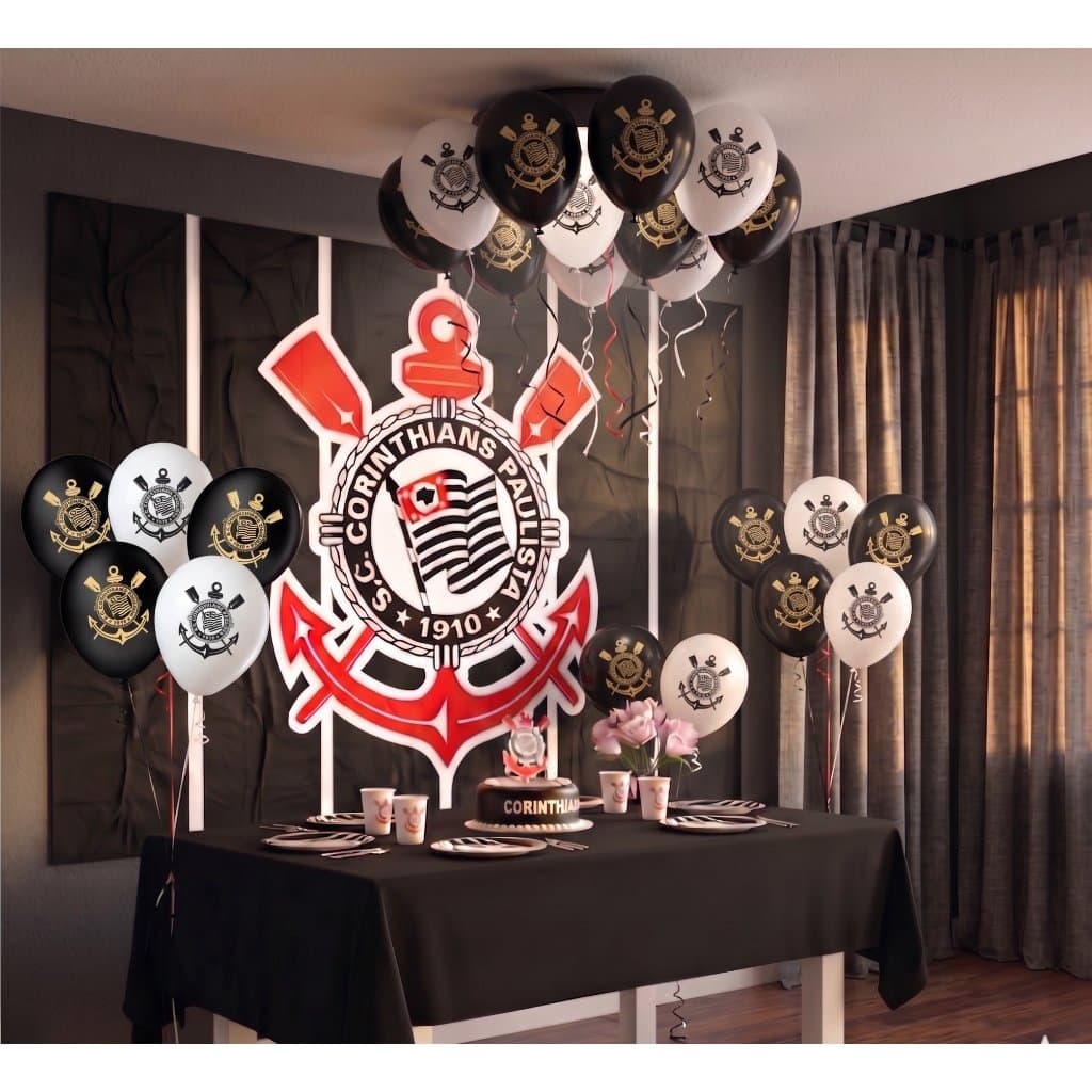 Kit Decoração Festa Corinthians Painel Gigante + Toalha De Mesa + Balões Timão Escudo Dourado SCCP - Várias Opções