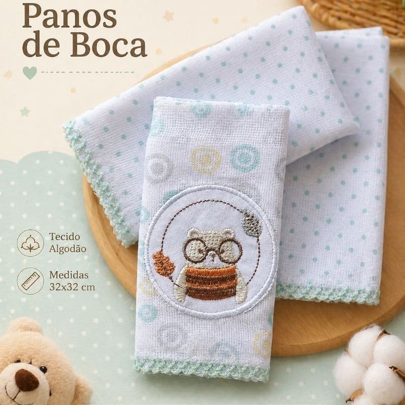 kit 03 Pano de Boca de Bebê 100% Algodão Toalhinha de Ombro 32x 32 cm Macio Absorvente Chá Revelação Maternidade