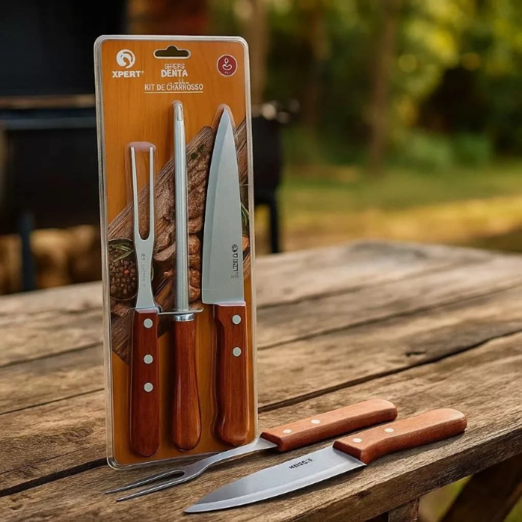 Kit Churrasco Três Peças Cabo Madeira Utensílios Aço Inoxidável Alta Durabilidade