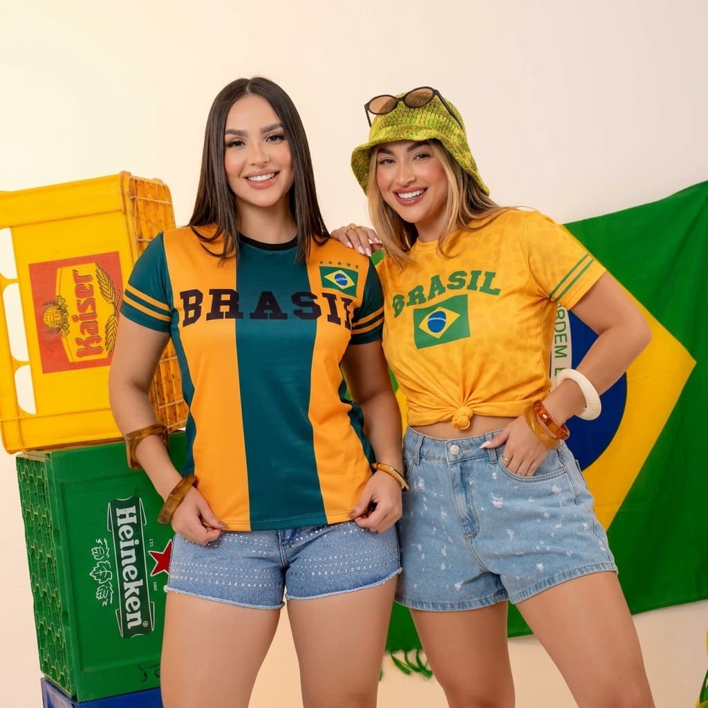 Kit 2 T-shirt Feminina Brasil Camiseta Baby Look Copa Do Mundo Blusa Manga Curta Torcida Moda