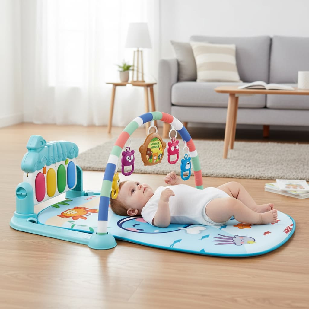 Tapete de Atividades Bebê Piano Musical Interativo Azul 3+ de Atividades Sensorial Arco e Brinquedo