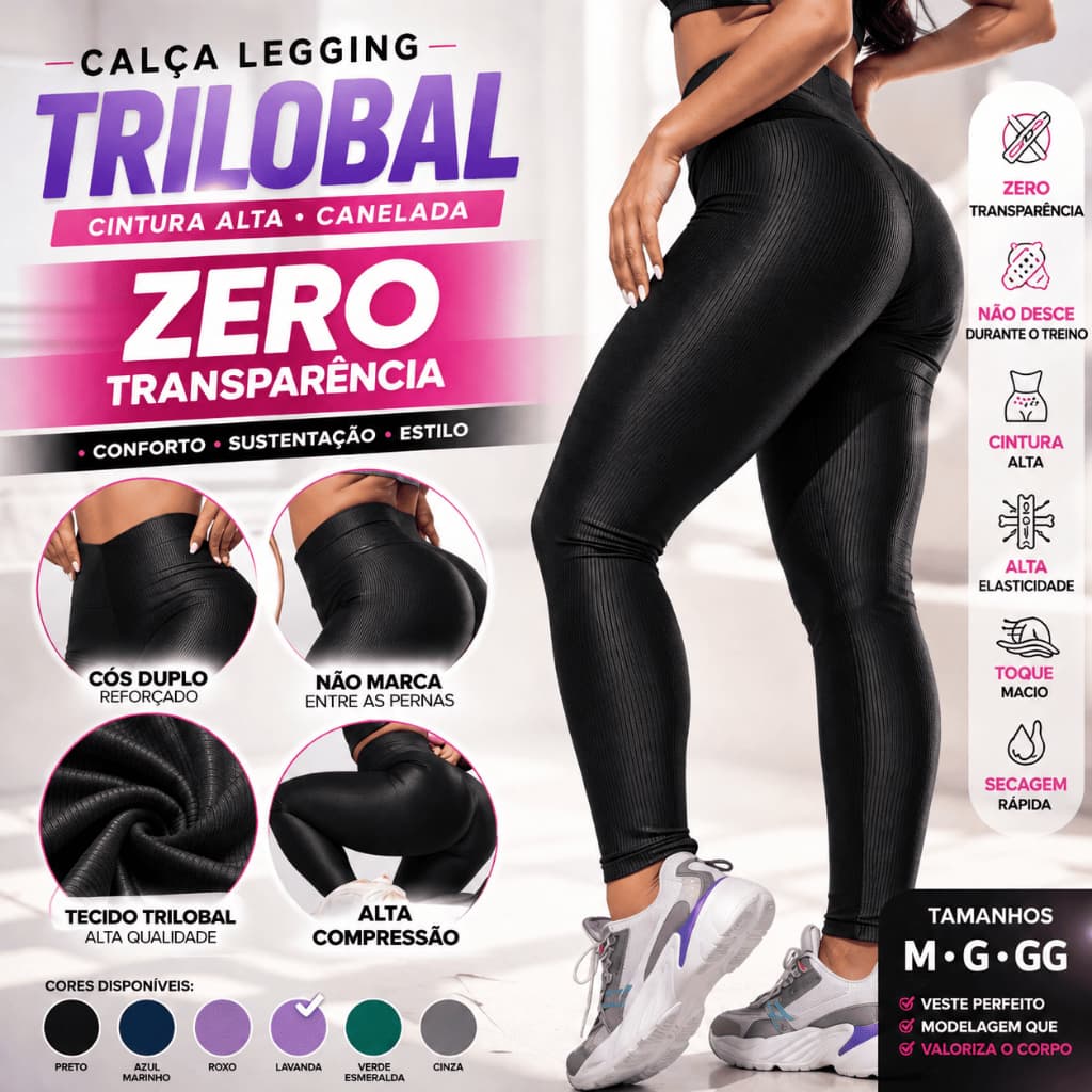 Calça Legging Fitness Canelada Trilobal Cintura Alta Academia Não Transparente Feminina