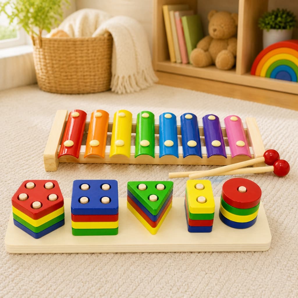 Kit 2 Brinquedos Pedagógico Educativo Madeira Infantil Xilofone Musical Encaixe Formas Geométricas Coordenação Autismo