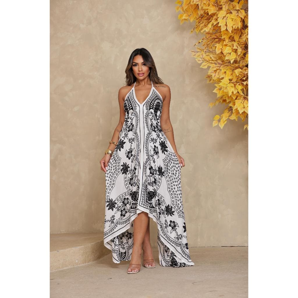 Vestido Longo Viscose Indiana Estampa Boho Chic Luxo Tendencia Elegante