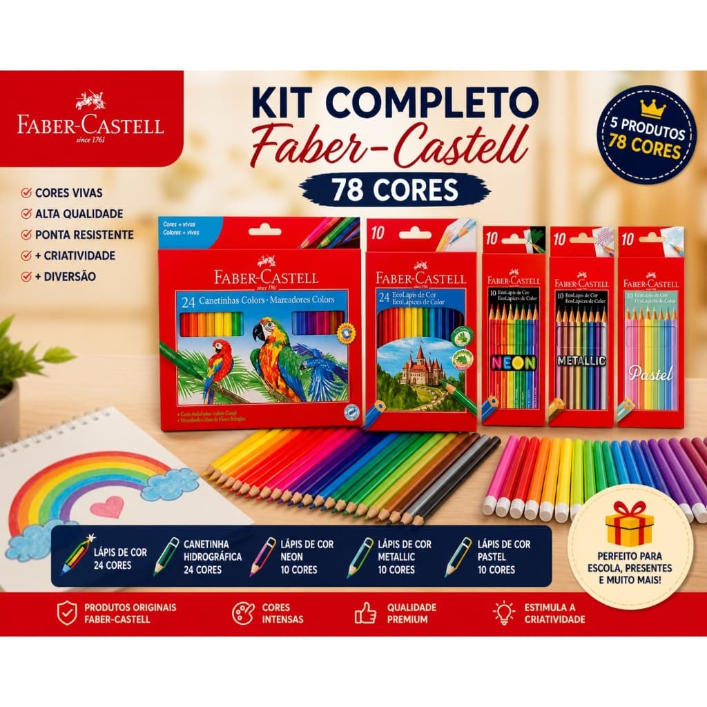 Kit Faber-Castell Completo 24 Lápis de Cor + 24 Canetinhas + Neon + Pastel + Metallic Original Premium