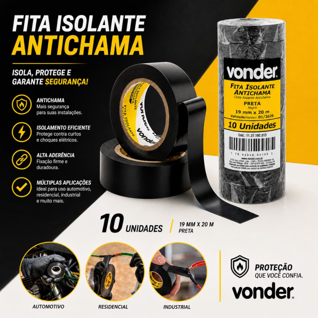Fita Isolante Antichama 20m X 19mm Preta Vonder Kit 10un