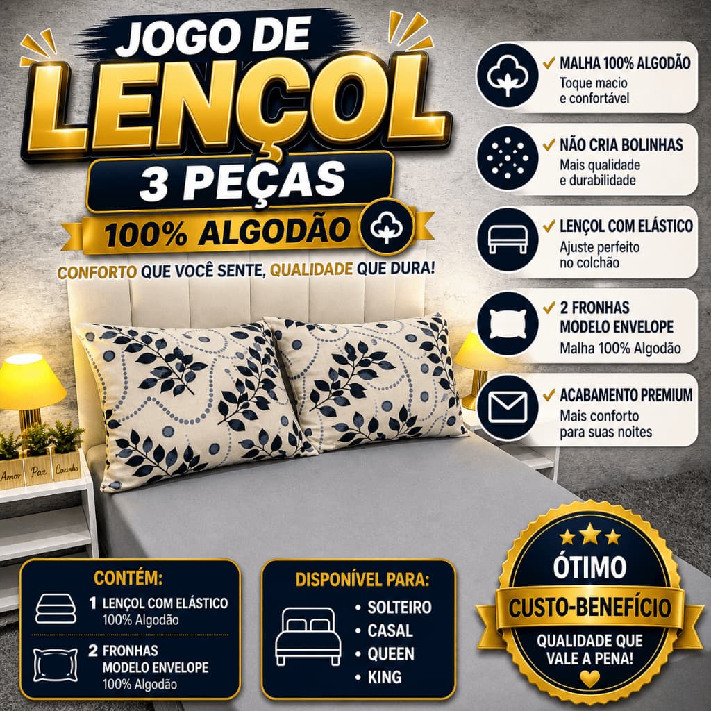 Lençol Casal Box Com Elástico 3 Peças 100% Algodão 180 Fios Premium