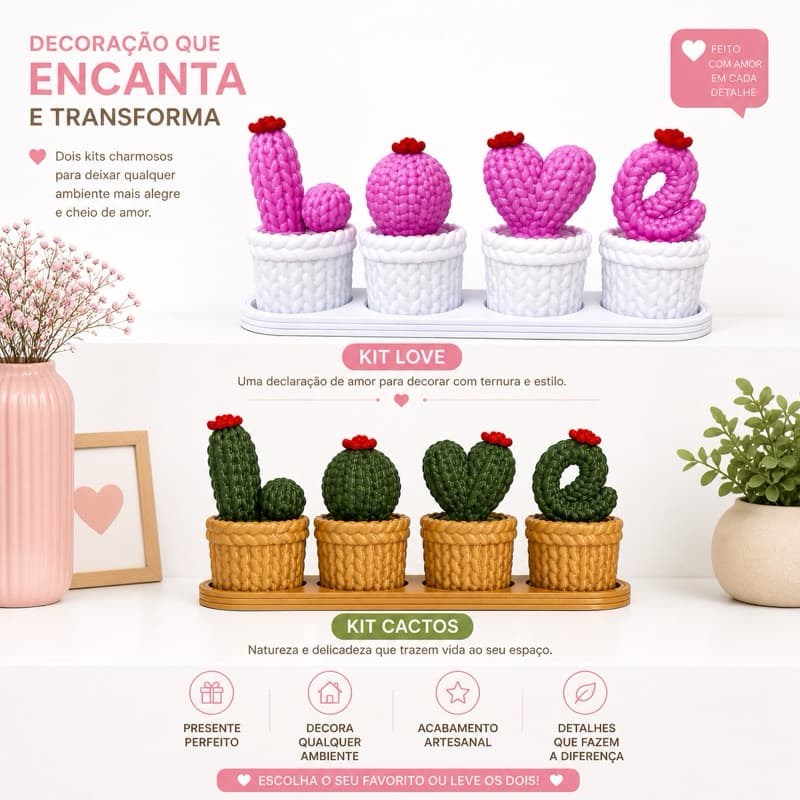 kit Love Cactos 4 mini vasinhos suculenta crochê decoração planta artificial-Presente-Mãe-Casa-Love-Amor-Quarto menina