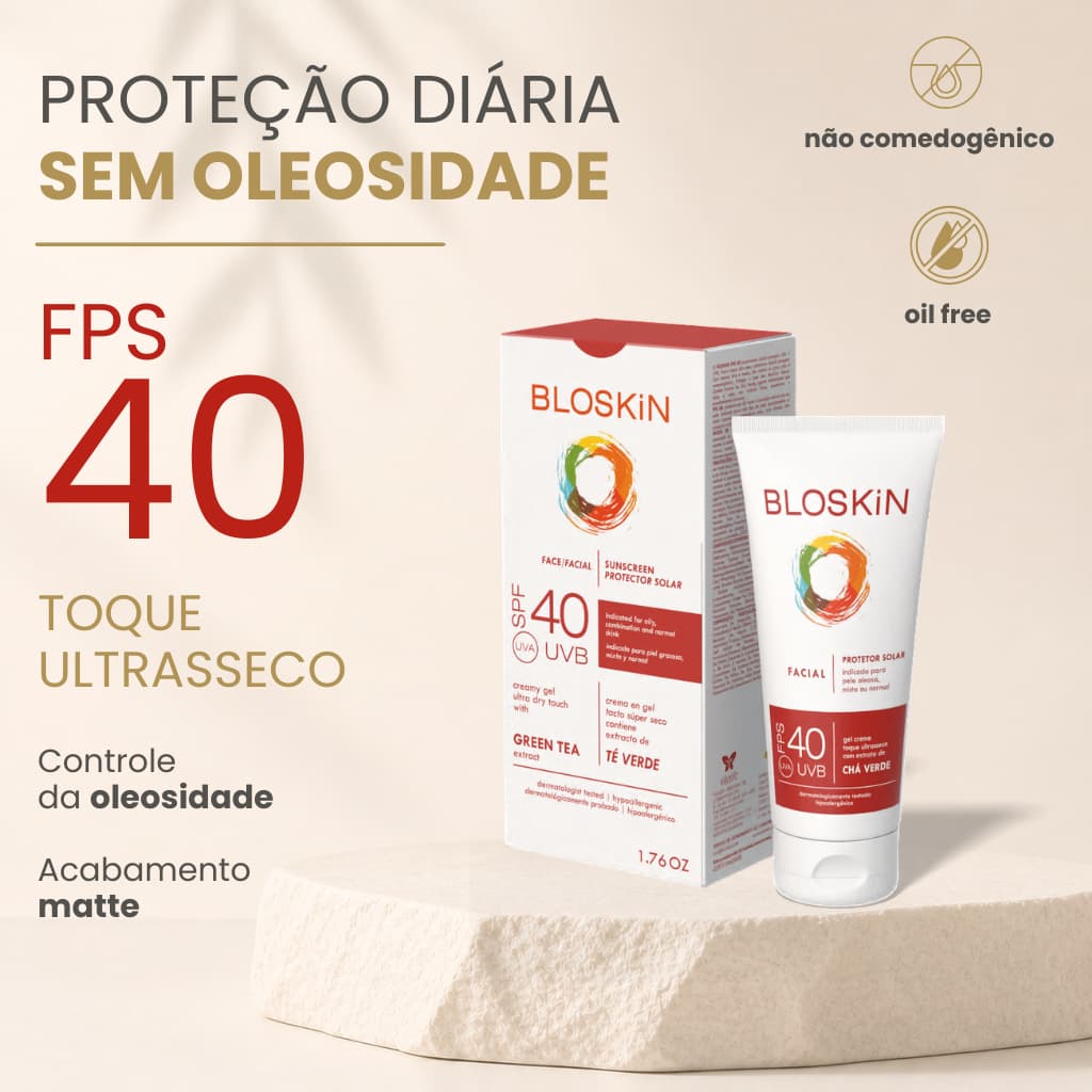 Protetor Solar Facial FPS 40 Toque Ultrasseco | Textura Aveludada | Pele Oleosa e Mista | Chá Verde BLOSKiN 80g