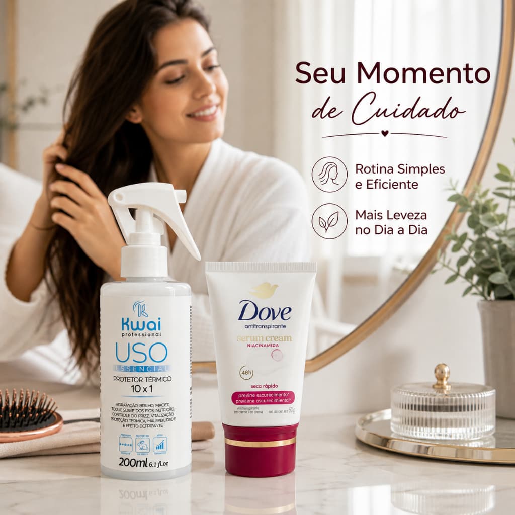 Kit Kwai Protetor Térmico 10x1 200ml + Dove Antitranspirante Sérum | Cuidado Diário