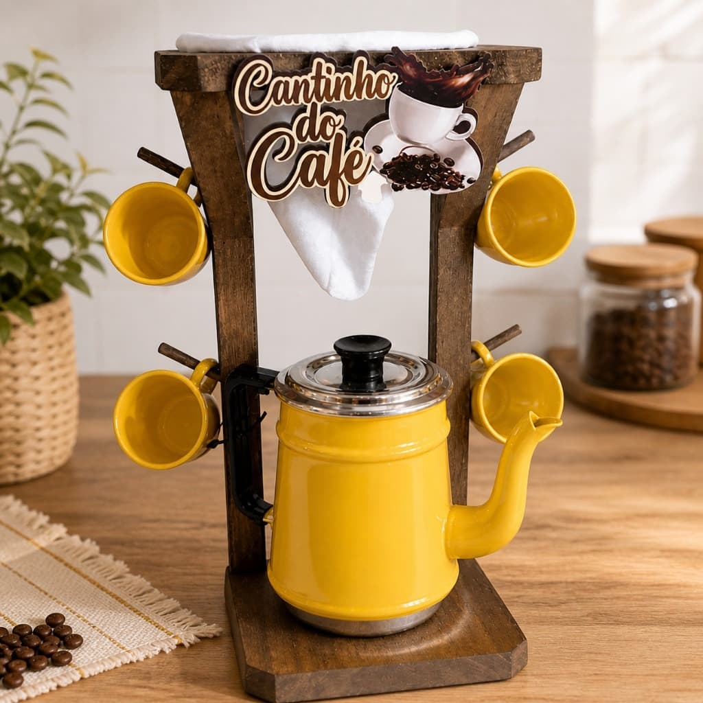 bule com mancebo porta xícaras com coador de pano cantinho do café
