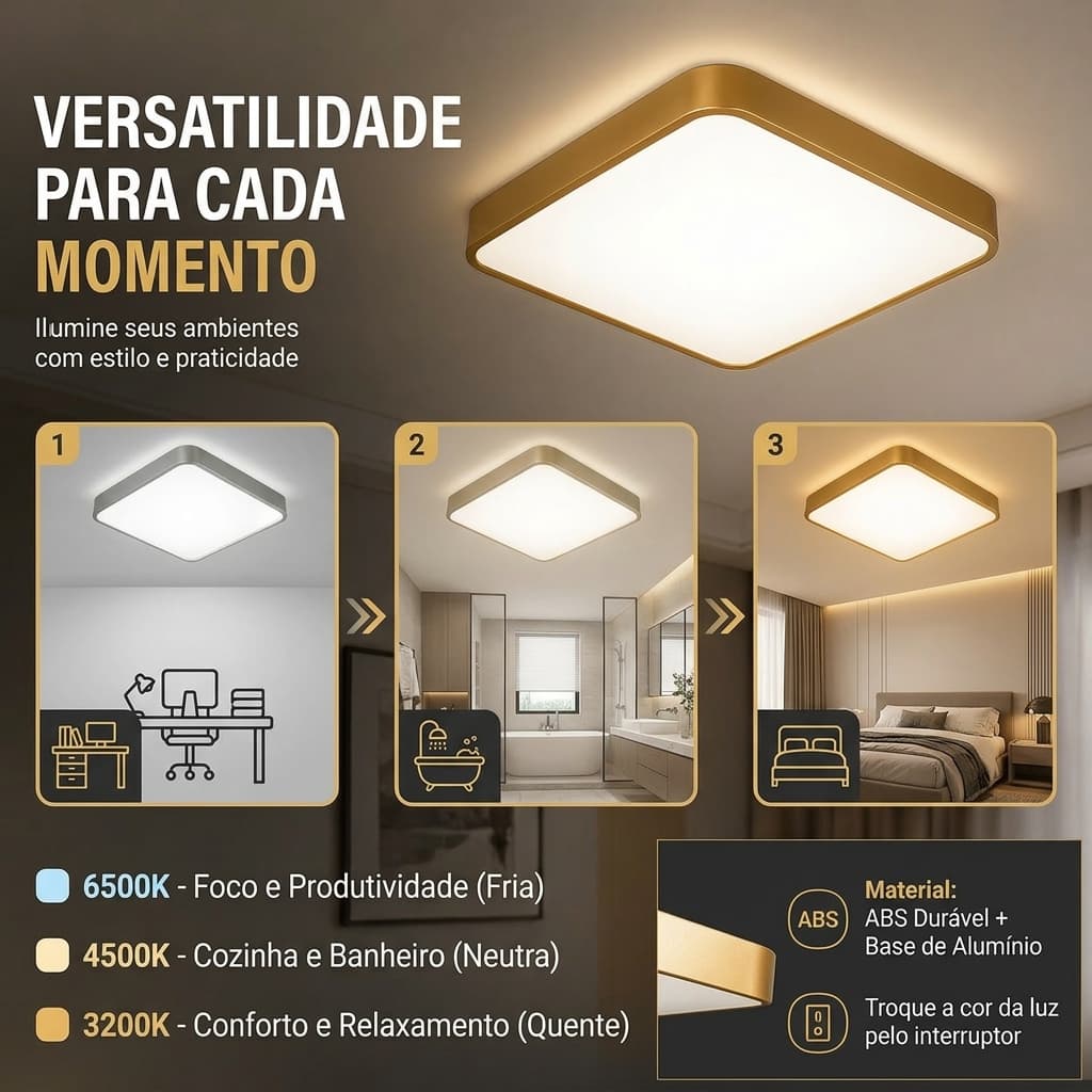 Lustre Plafon LED Axiom Céu Estrelado Quadrado Cristal 3 Cores Bivolt Sobrepor Teto Sala