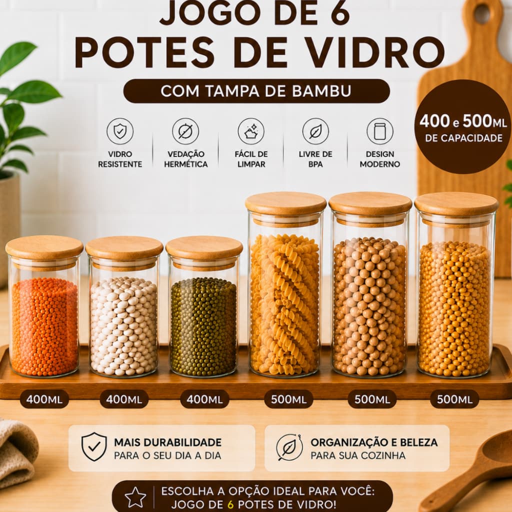 Kit 6 Potes de Vidro Condimentos 400ML e 500ML Com Tampa de Bambu Hermético Mantimentos Empilháveis