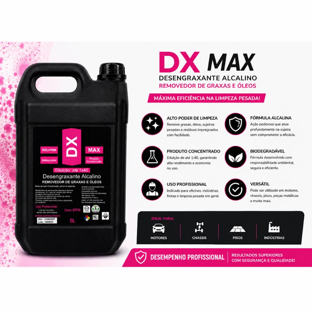 Desengraxante Alcalino DX Max 5L Solupan Concentrado Limpeza Pesada Remove Graxa Óleo 1:40
