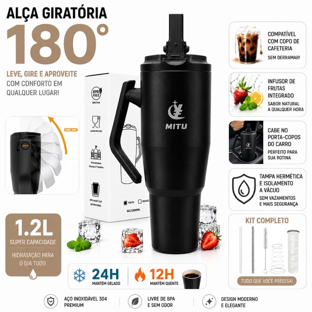 Caneca Térmica 1.2L Inox 304 Premium com Canudo Retrátil, Alça Giratória 180° e Isolamento Térmico