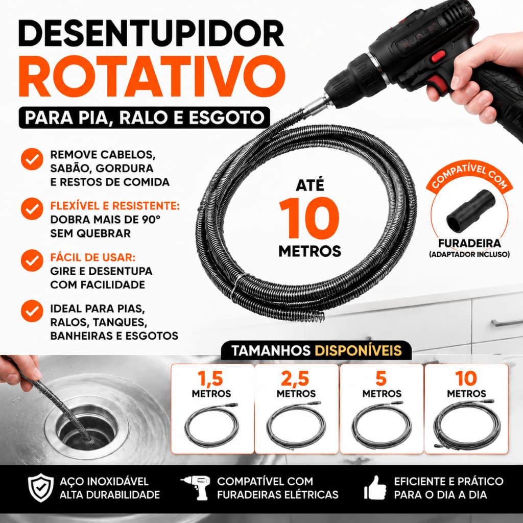 Desentupidor Rotativo + Adaptador p/ Furadeira - Remove Entupimento em Canos de Esgoto