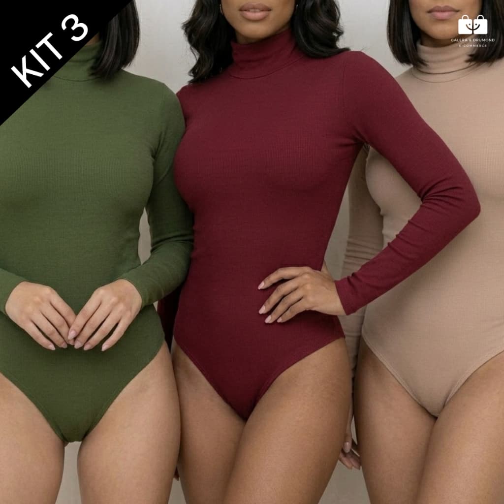 Kit 3 Body Feminino Manga Longa Gola Alta Canelado Ajustado Moda Inverno Premium