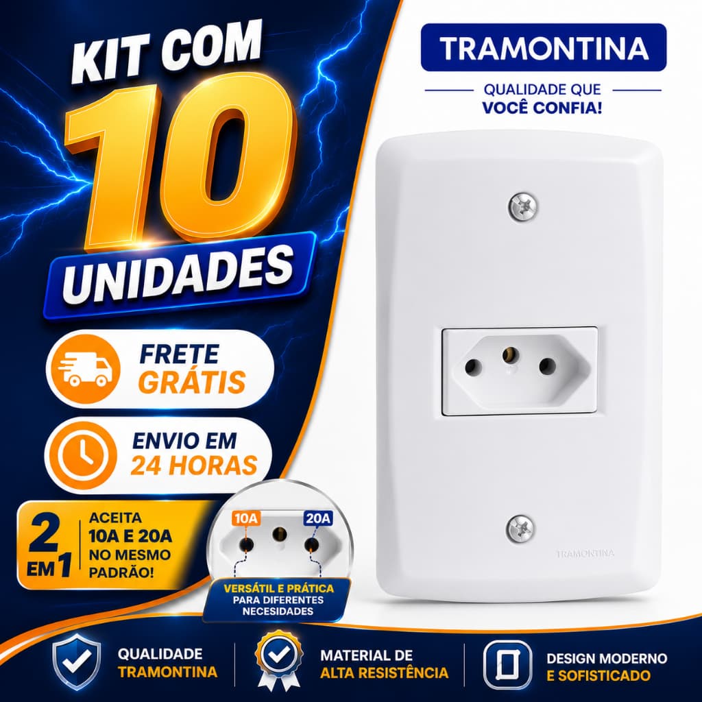 Kit 10 Tomadas Brancas Tramontina 20A e 10A No Mesmo Módulo Tomada de Parede 10A e 20A 4x2