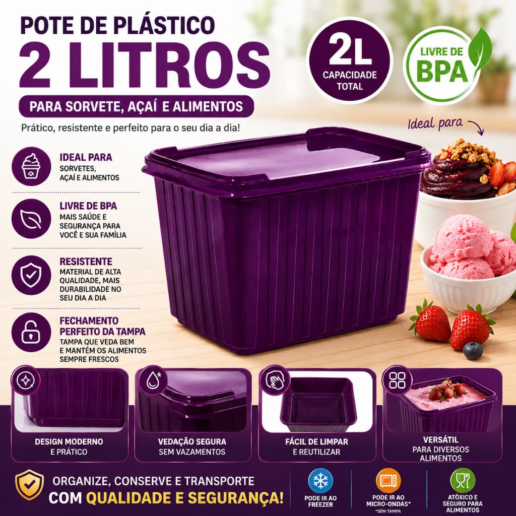 Pote sorvete 2 litros açai roxo 72 unidades c/ tampa alta vedação BP Potes sem BPA