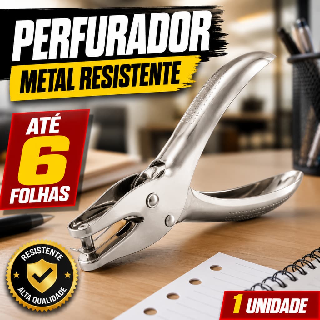 Perfurador De Papel Metal 1 Furo Até 6 Folhas Resistente