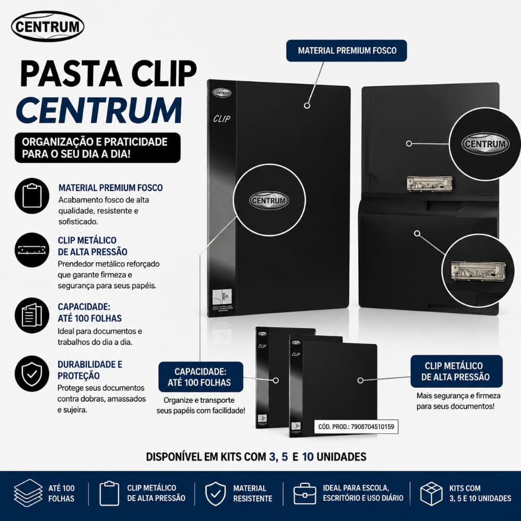 Kit 3 Pastas Clip com Mola Centrum A4 Porta Documentos Escolar Escritório Prancheta Pasta Organizadora cores aleatórias