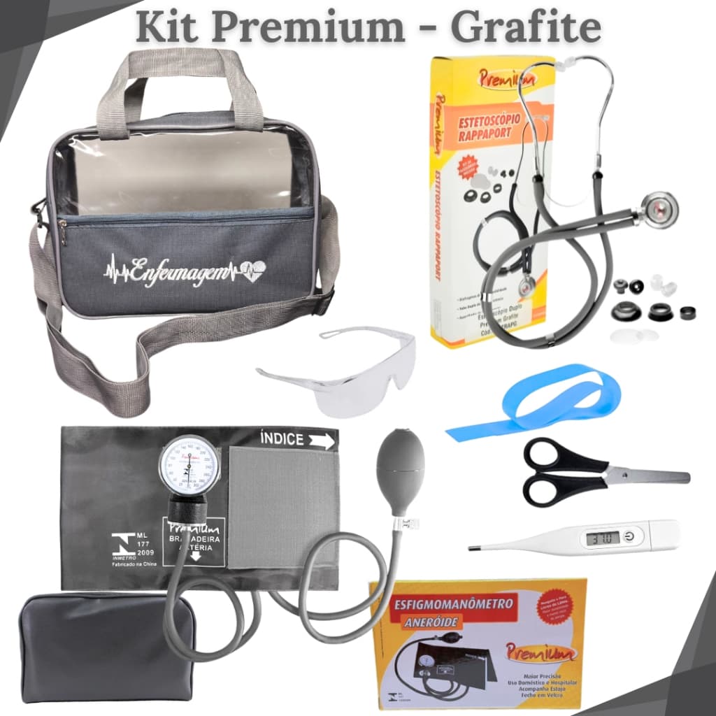 Kit Acadêmico de Enfermagem na Bolsa Tradicional Bordada, Estetoscópio Rappaport, Aparelho de Pressão e Acessórios