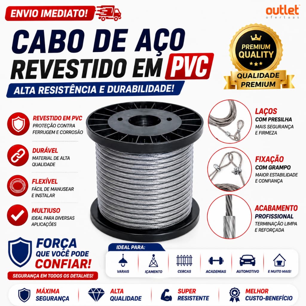 Bobina Com 50/100 Metros de Cabo De Aço Reforçado Revestido Para Varal cabo Grosso Multiuso