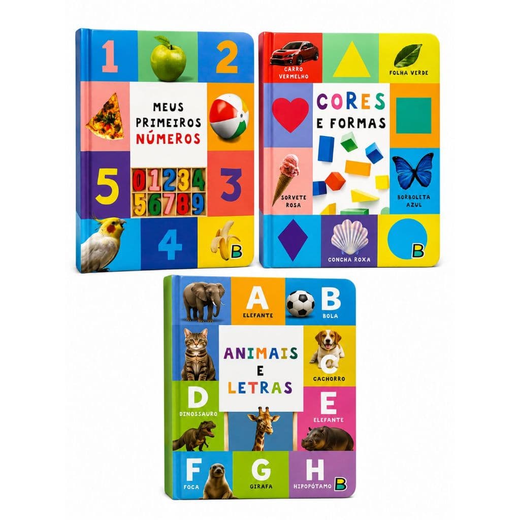 Coleção 3 Livros Infantis Educativos Números Cores Formas Animais