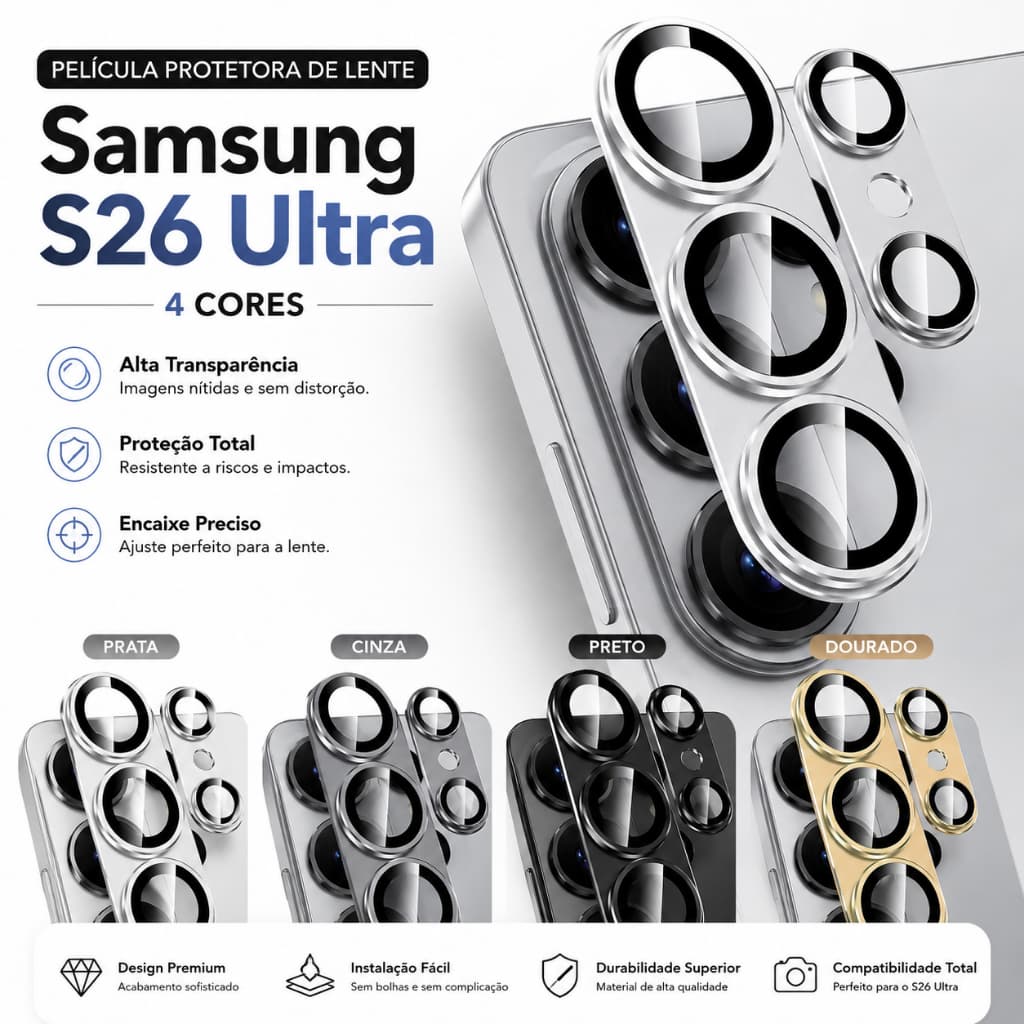 Película Protetora de Lente Câmera para Samsung Galaxy S26 Ultra Vidro Temperado 9H Liga Metálica Anti Impacto