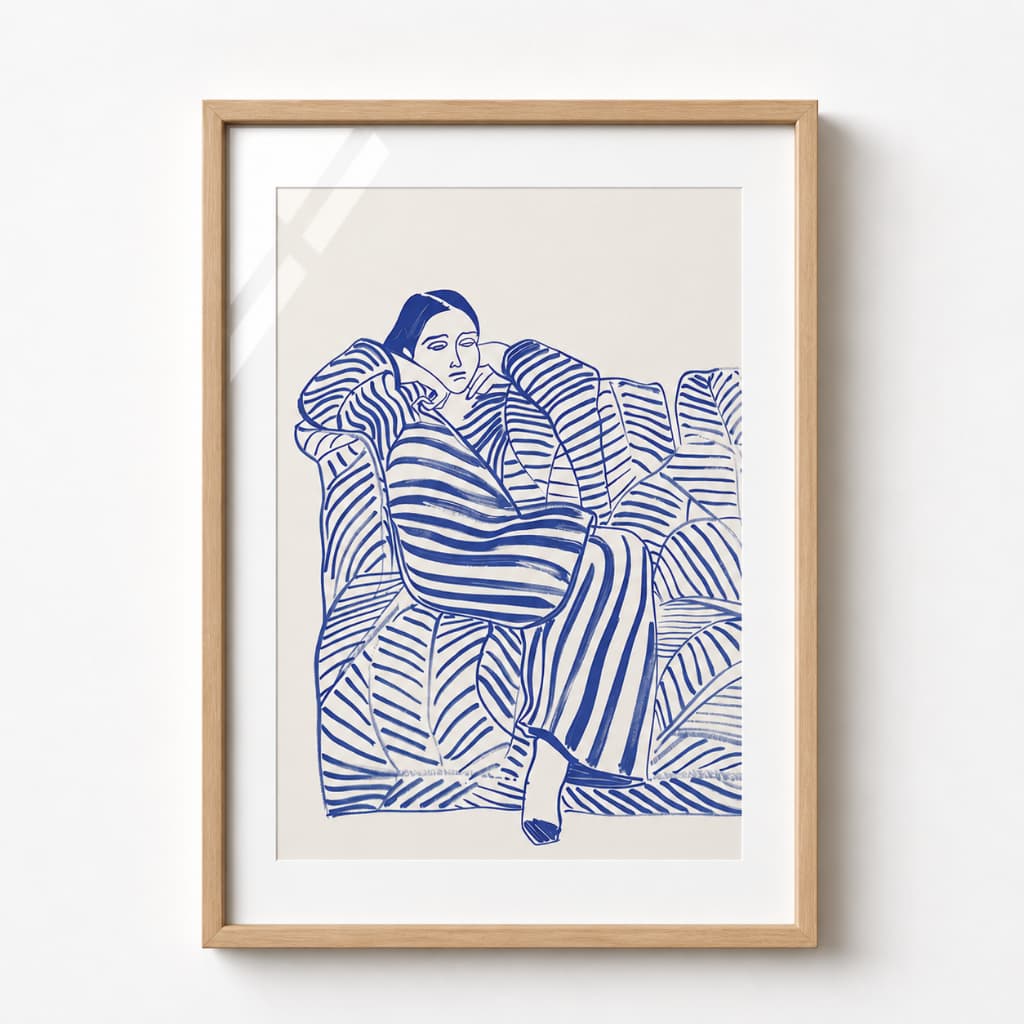 Quadro Decorativo Minimalista Mulher Azul Estilo Matisse para Sala e Quarto Com Moldura