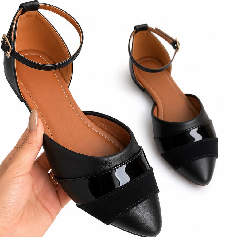Sapatilha Feminina Salomé Bico Fino Elegante Preta Confortável