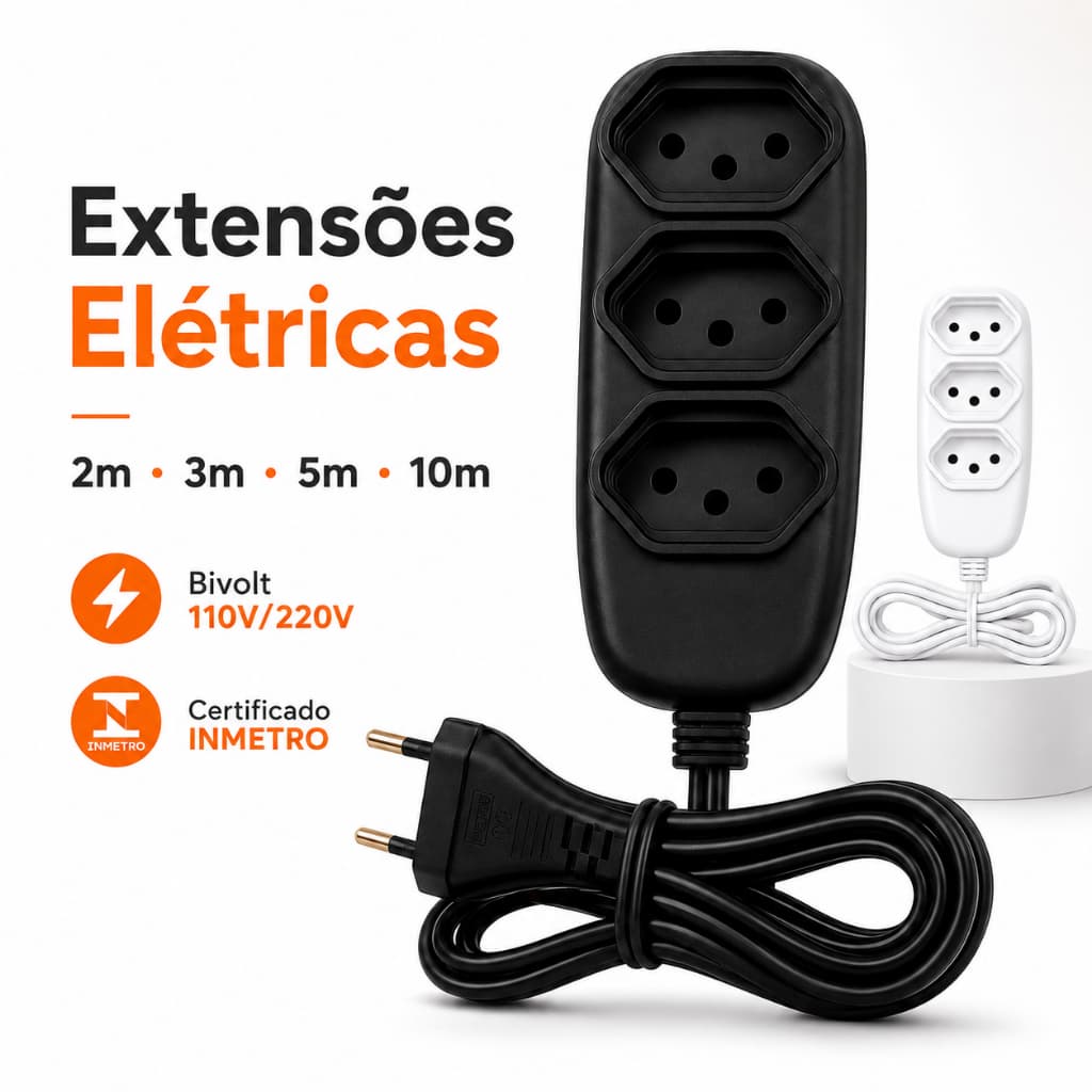 Extensão de Energia 10A Bivolt 110/220V 2m 3m 5m 10m Tripolar Preta Branca Durável Resistente