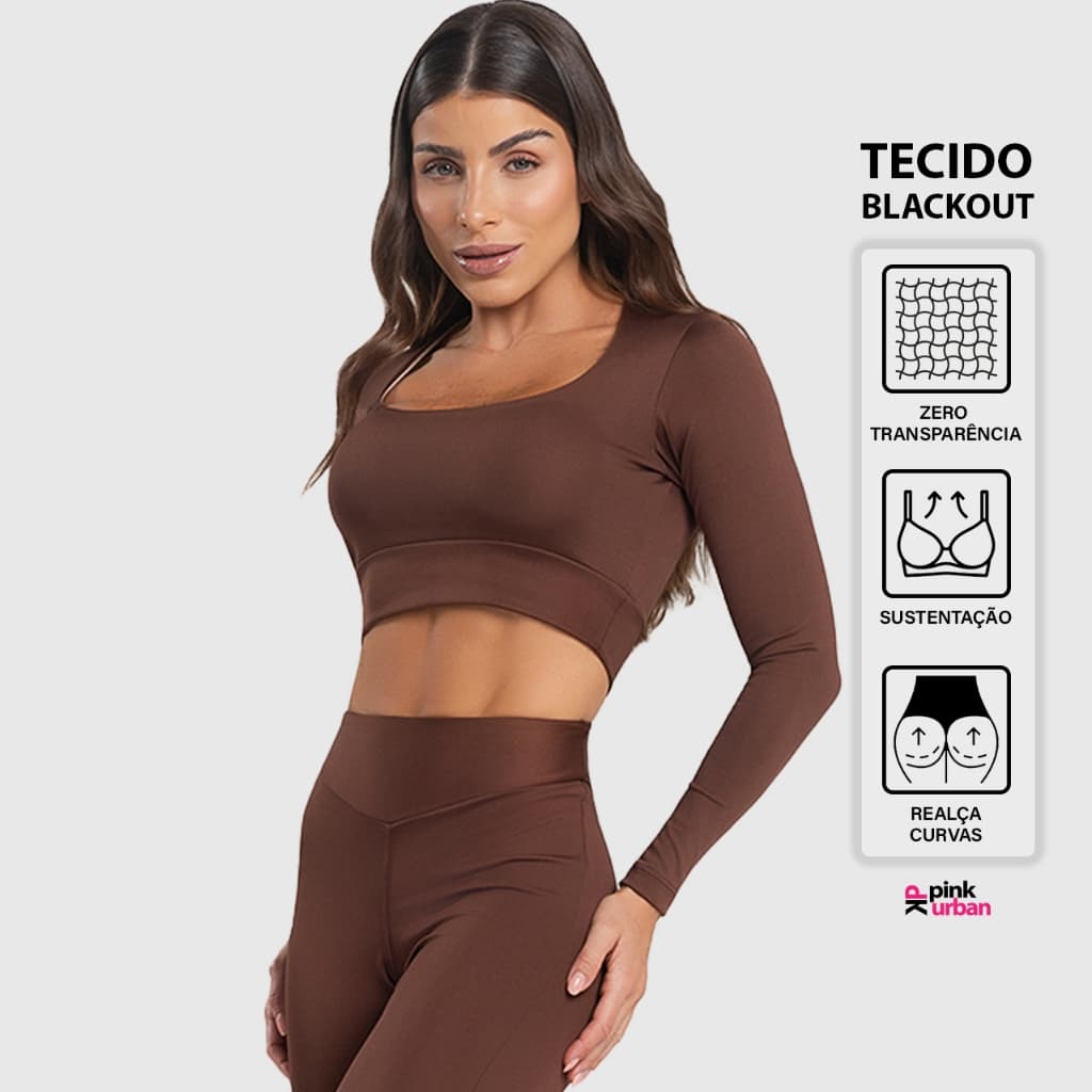 Cropped Fitness Feminino Manga Longa Decote Sustentação Balance Blackout Zero Transparência Regata Inverno