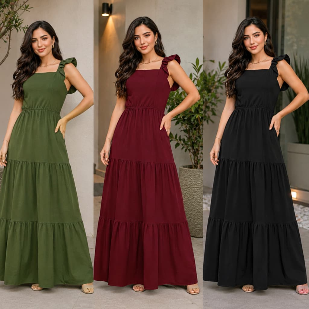 Vestido Feminino Dora Longo Slim e Plus Size Três Marias Moda Evangélica Elegante Festa Manga Alça Babado Duna