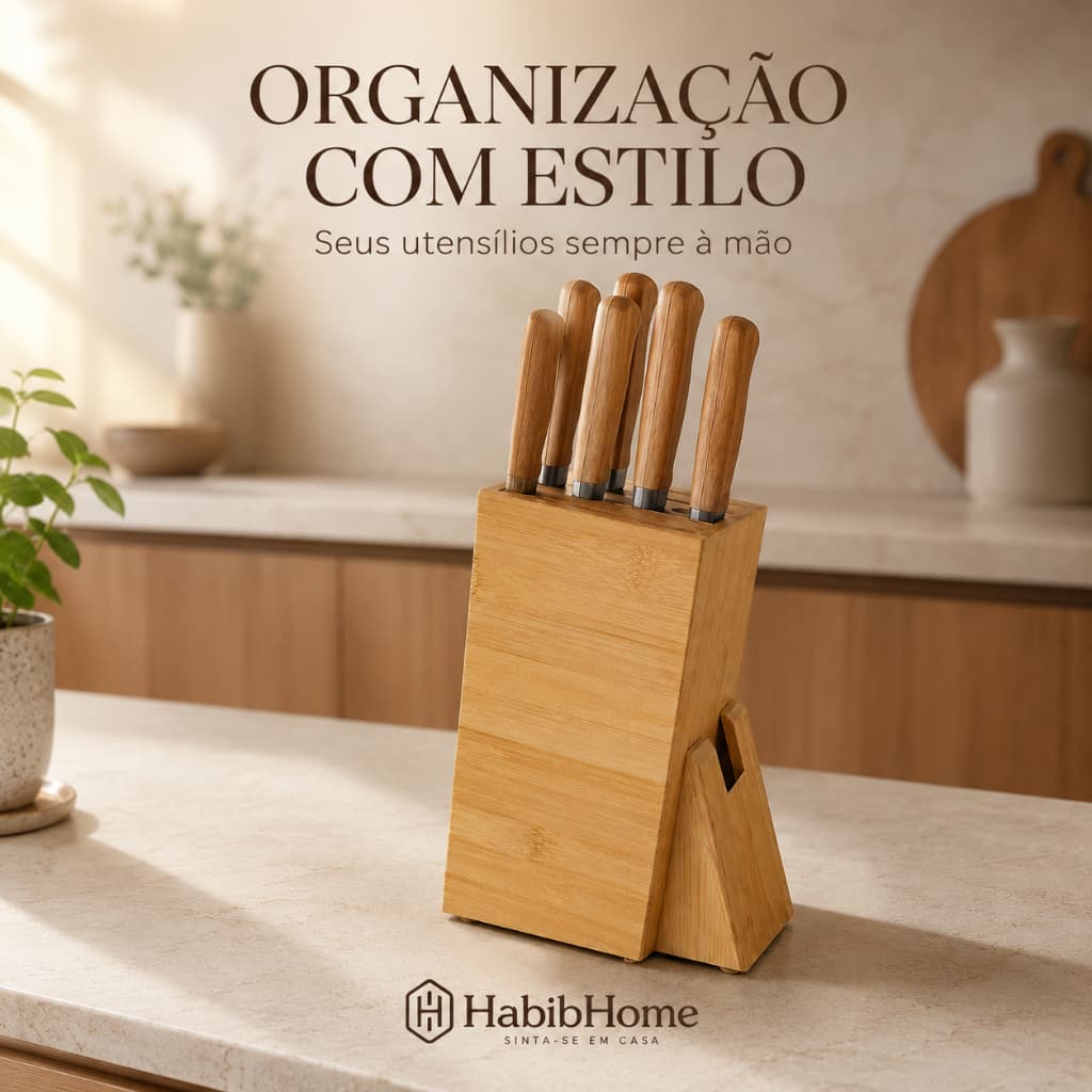 Suporte para Facas de Cozinha em Bambu com Espaço para Tesoura – Design Premium Organizador