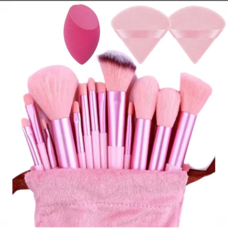 Kit 13 Pinceis de Maquiagem Dia a Dia Bolsa, 2 esponjas para aplicação de pó e 1 esponja de maquiagem para base